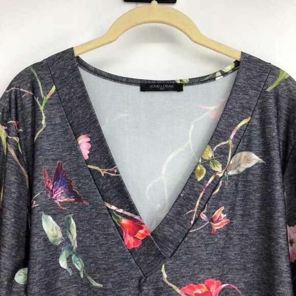 LoveU.Dear Black Heathered Floral Butterfly Print V-Neck Long Sleeve Blouse 1x - Picture 4 of 16